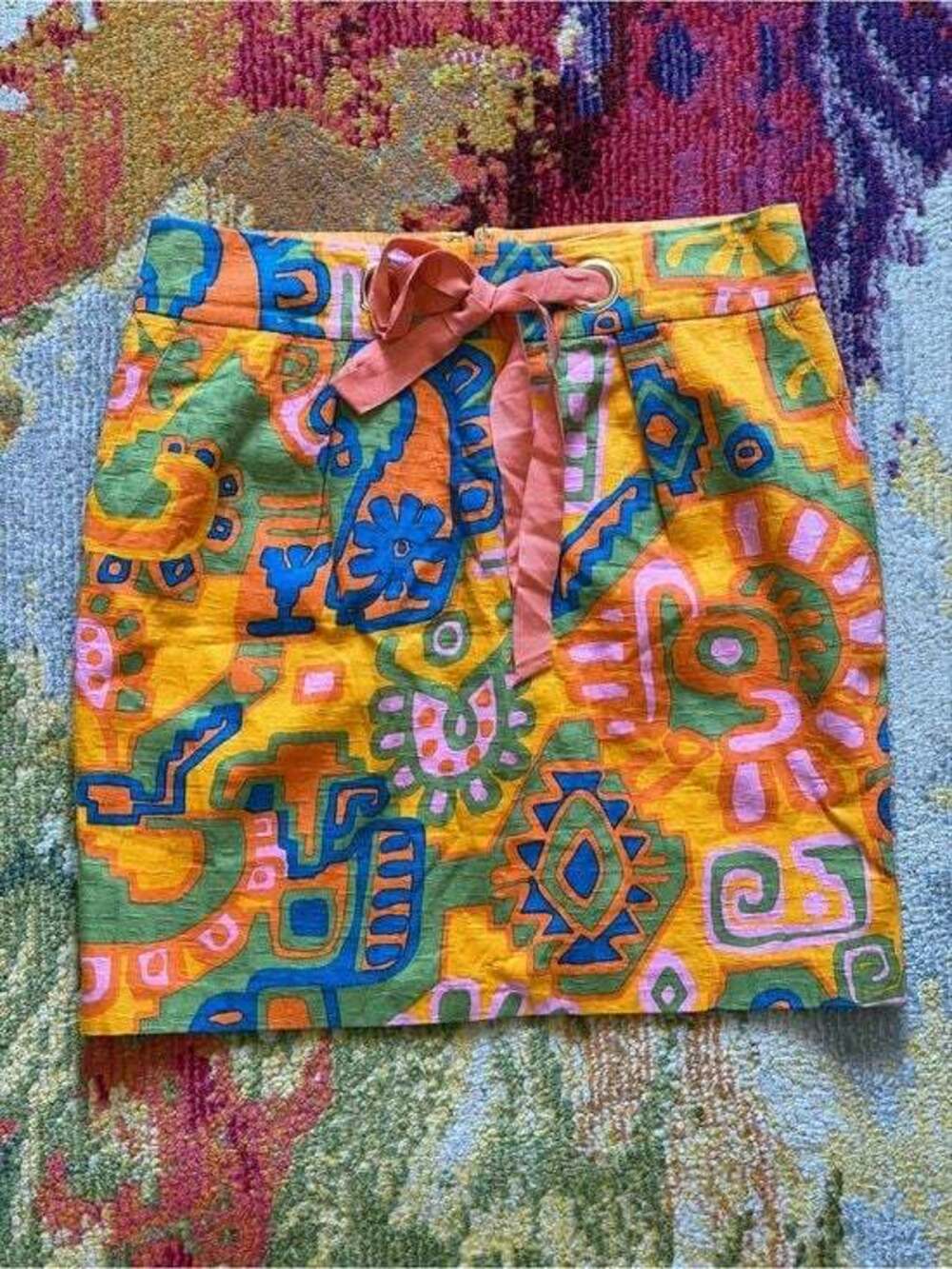 Abstract Orange Print Tie-Waist Mini Skirt 8